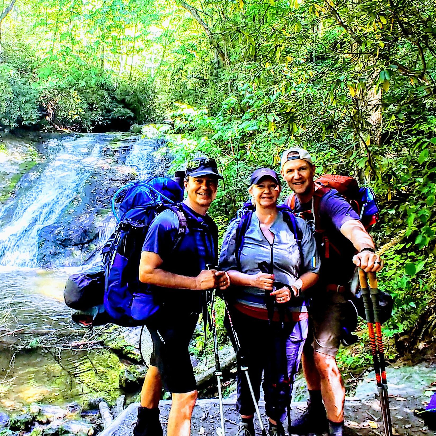 Three people backpacking at a jungle