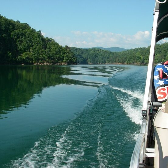 Moving Pontoon Boat With Peoples In A Water